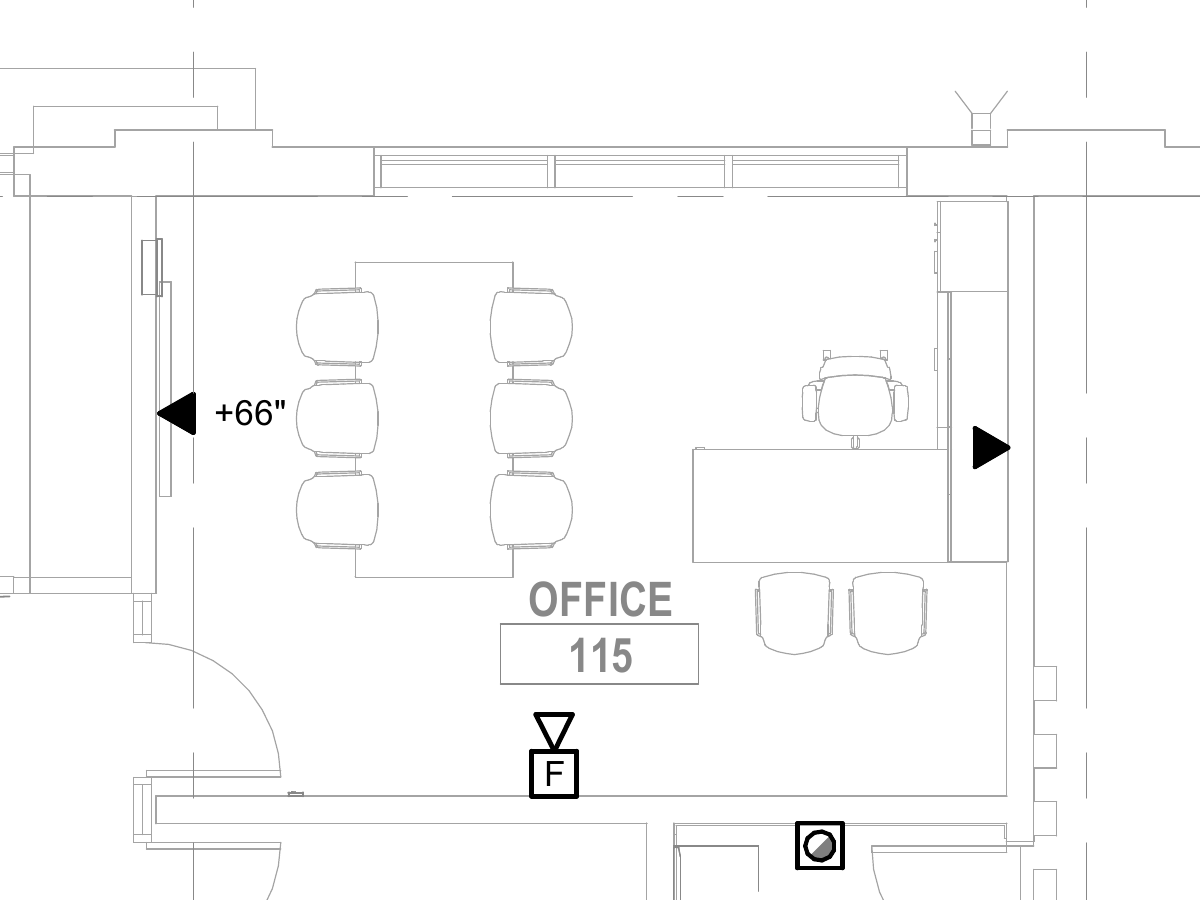 T101 Office 115 before Addendum D: two wall data symbols, with no data symbol at the conference table.