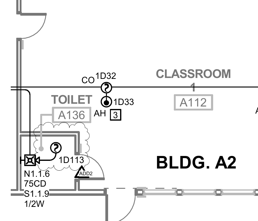 Addendum sheet ADD2.01: new smoke detector 1D113 in toilet A136, beside classroom A112, enclosed by the original revision cloud marked ADD2.