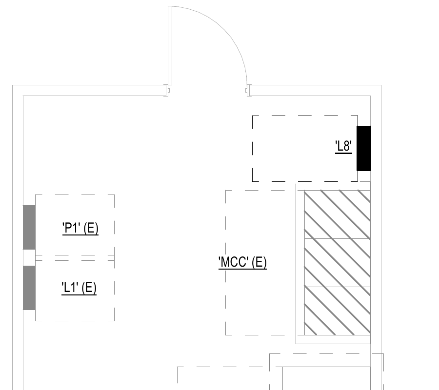 Original E2.1 electrical-room plan near panel L8, without a spray-pump starter symbol or callout at the selected location.