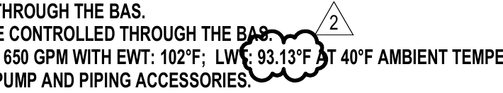 Focused detail of Addendum 2 M0.0 remark 6: source revision cloud around LWT 93.13°F; 650 GPM, EWT 102°F and 40°F ambient remain unchanged.